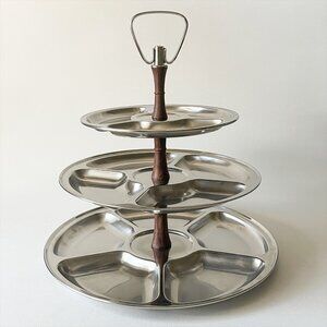 Vtg 3 Tier Serving Tray 18/8 Stainless Steel Wood KH Design Hong Kong MCM